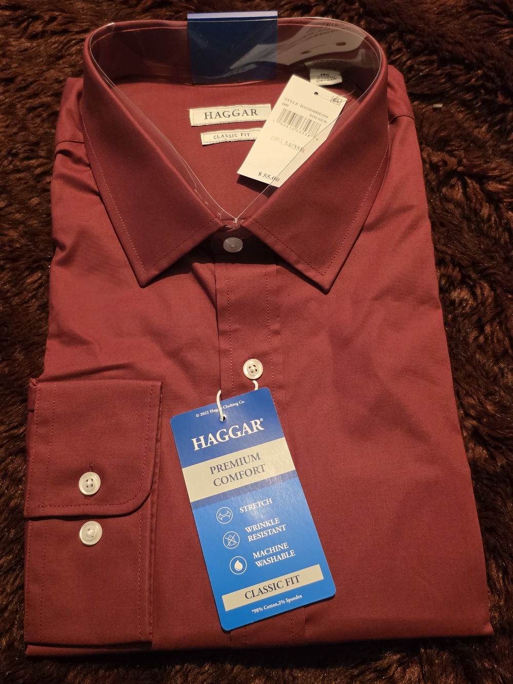 NWT Haggar Premium Comfort Dress Shirt Classic Fit 18.5 34/35 Wine Red